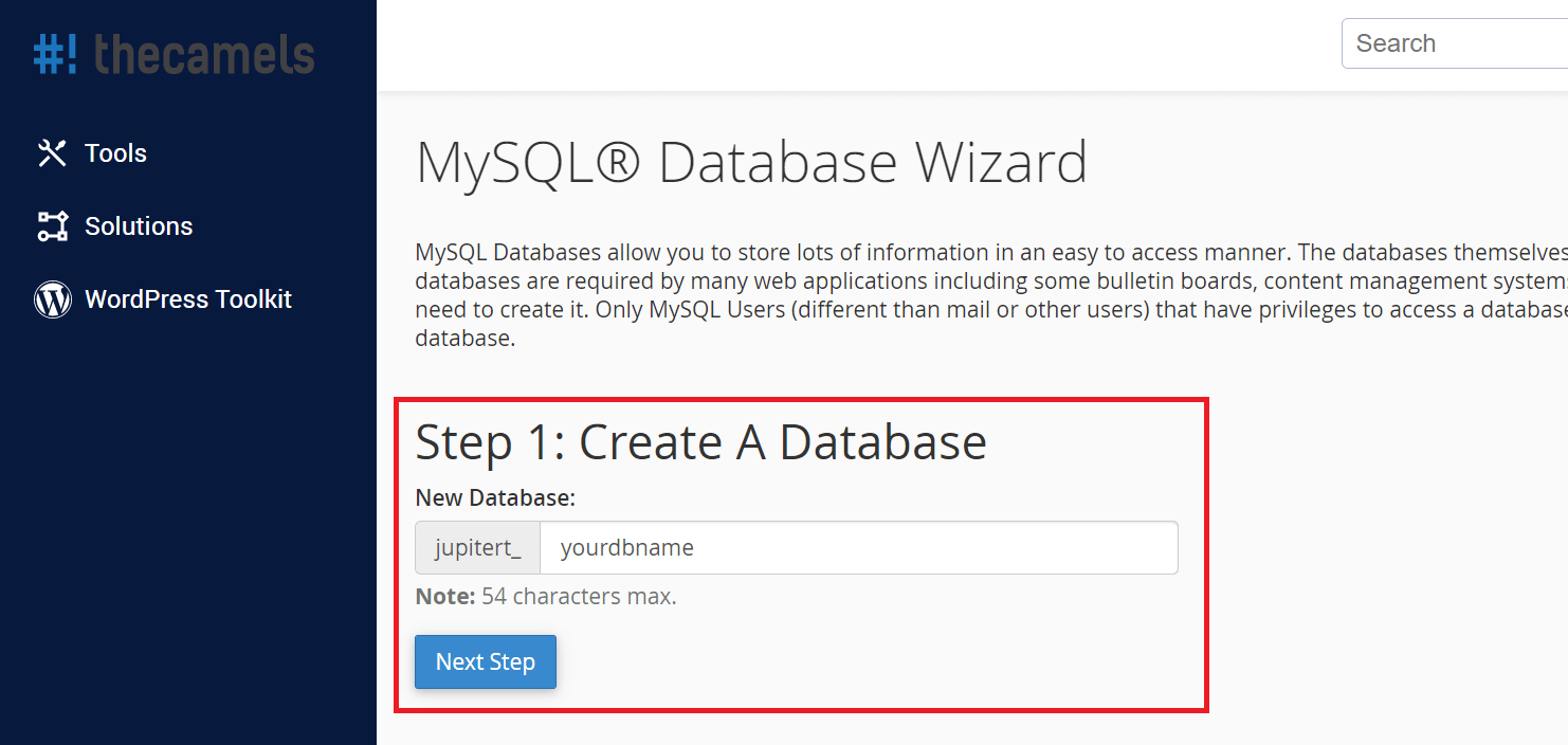 cPanel - databases wizard - step 2