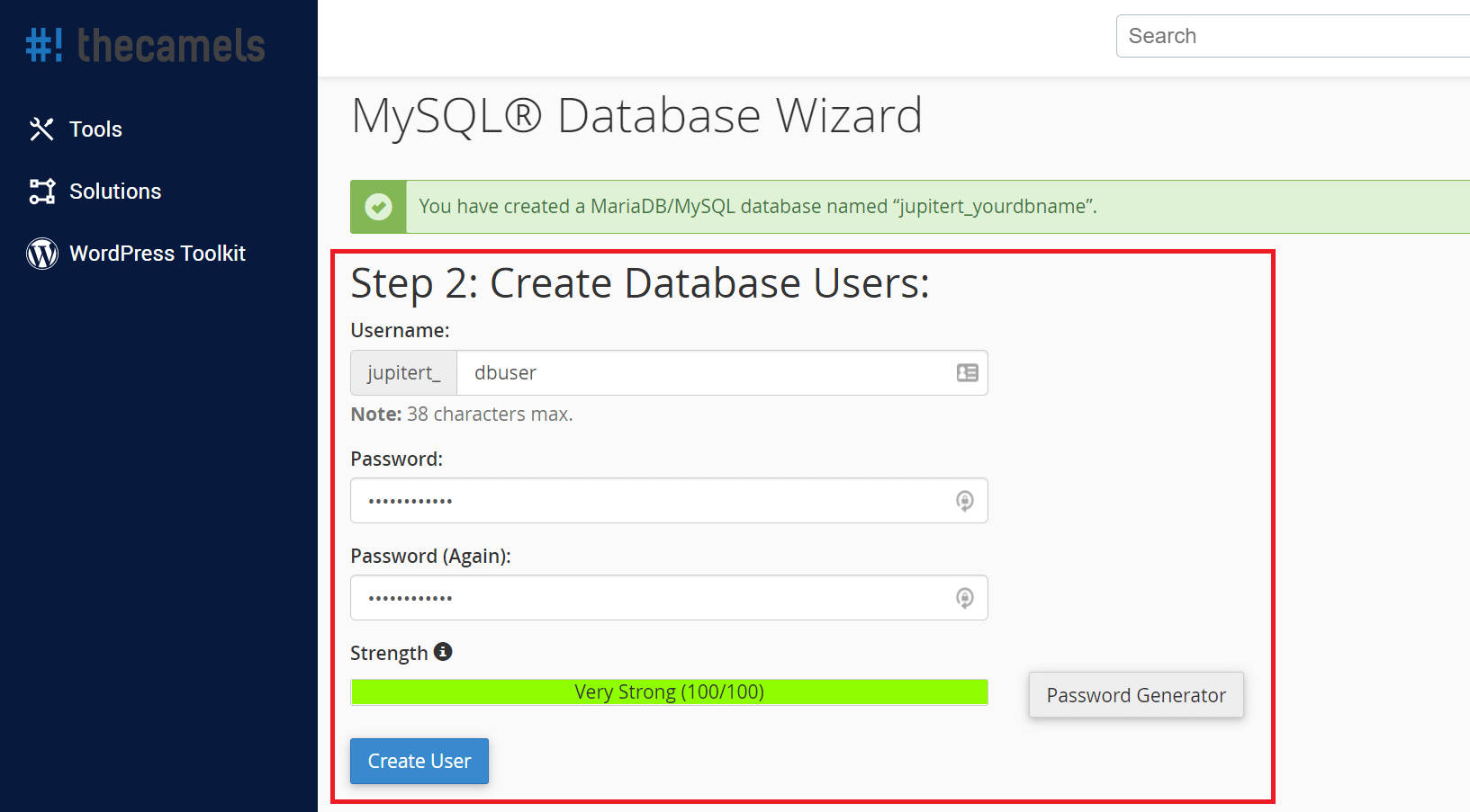 cPanel - databases wizard - step 3