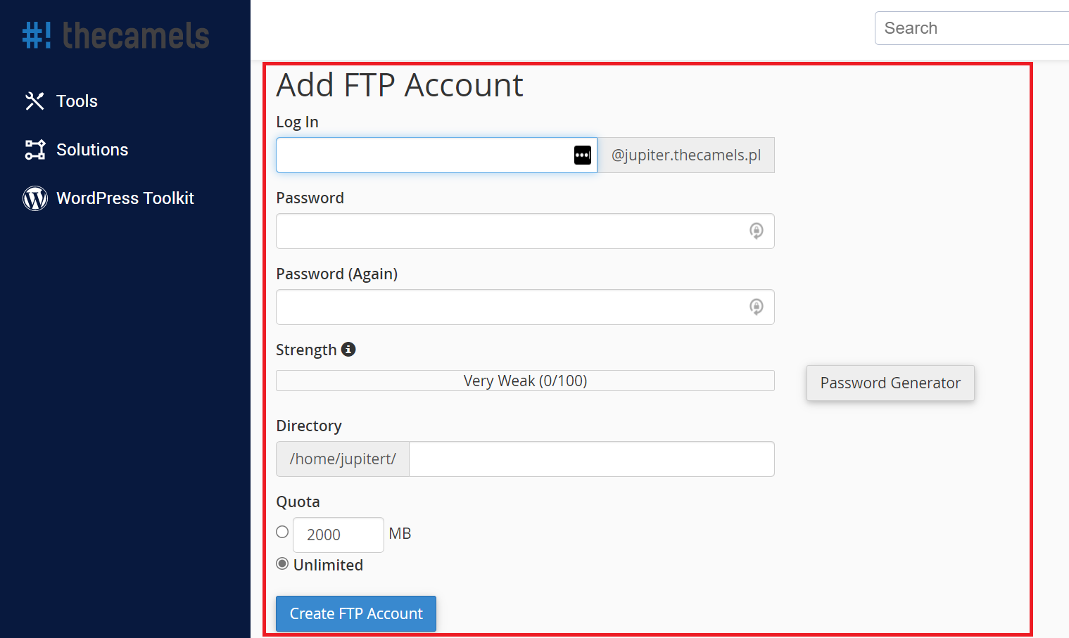 reating an FTP account - step 2