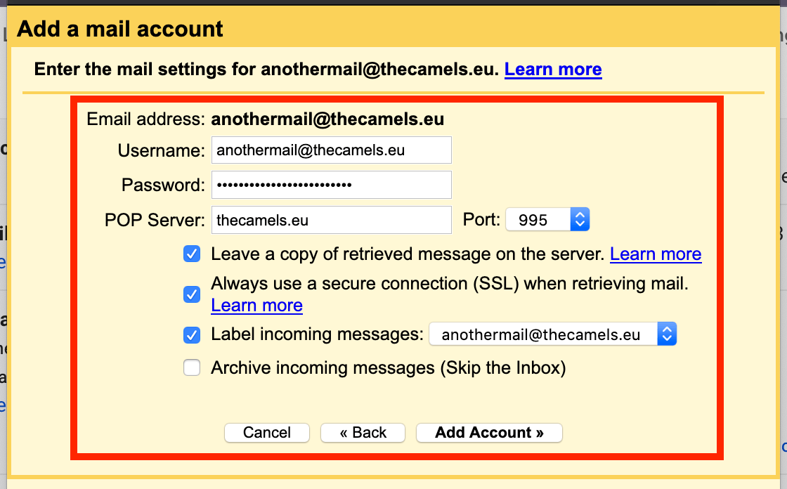 Configure checking remote mail in GMail - step 4