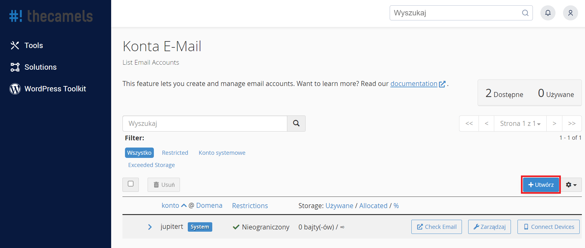 cPanel - tworzenie konta pocztowego - krok 2
