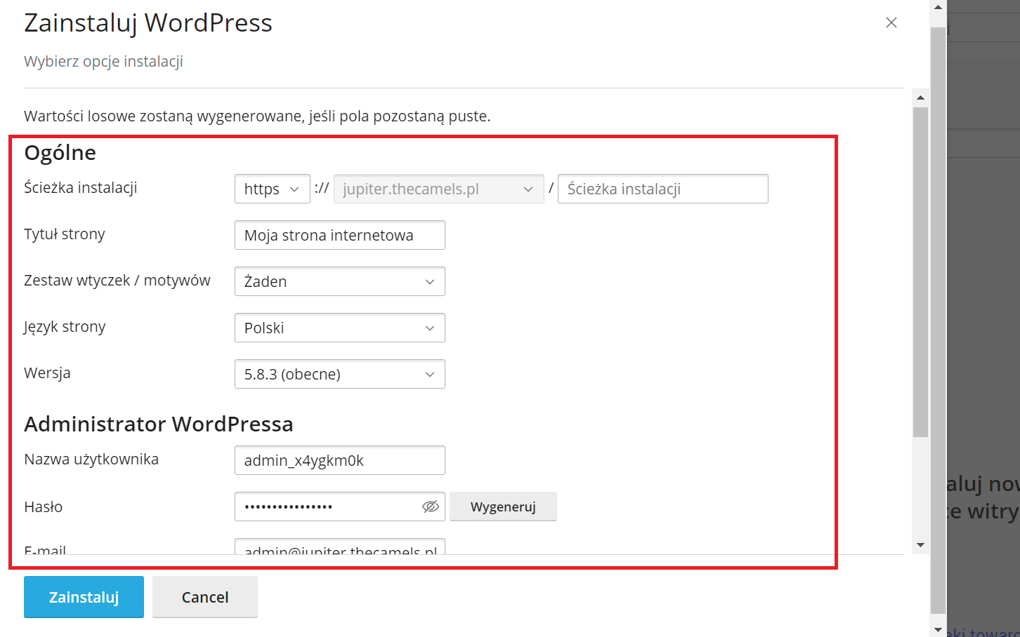 Automtyczna instalacja WordPressa - krok 3